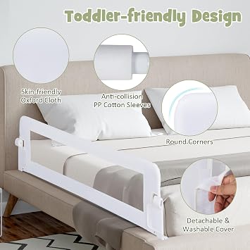 Bed Rail for Toddlers, Foldable Safety Baby Bed Guardrail with Safety Strap, Protable Swing Down Children Bedrail Guard for Twin Single Double Full Size King & Queen Bed Mattress (White)