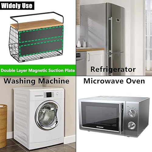 Miniatura 7 de Paquete de 2 organizadores magnéticos de almacenamiento de especias para refrigerador, estante magnético para refrigerador con tapa de madera,