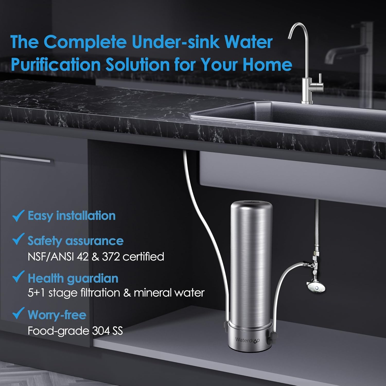 Waterdrop WD-BS13 and TSB-PF Under Sink Water Filter, 𝐑𝐞𝐝𝐮𝐜𝐞𝐬 𝟖𝟎+ 𝐈𝐦𝐩𝐮𝐫𝐢𝐭𝐢𝐞𝐬-Chlorine, Chloramine, Fluoride, PFAS, Taste&Odor, Bundle