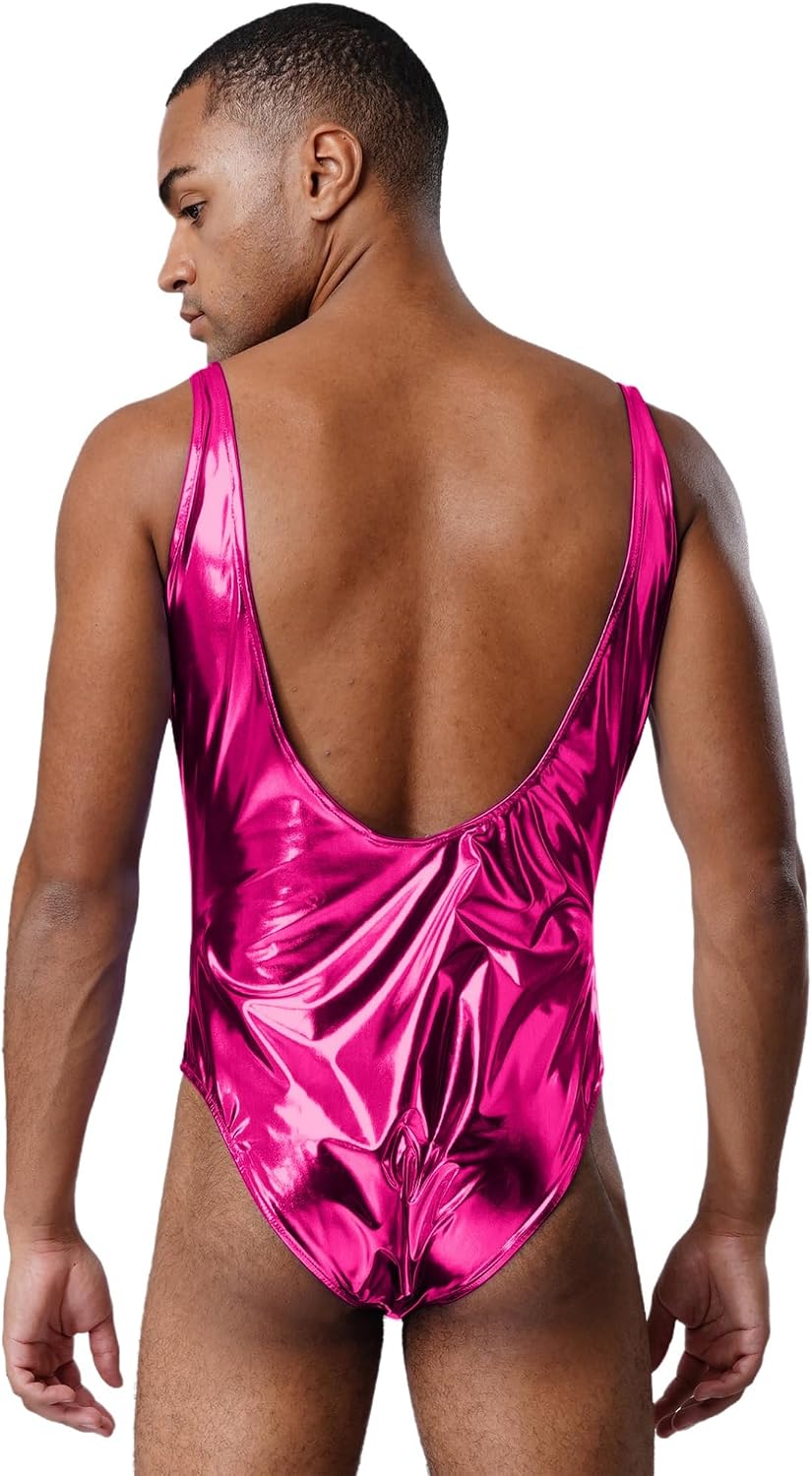 Mens Shiny Metallic Leotard Bodysuit U Neck Sleeveless Tank Tops Rave Dance Outfit