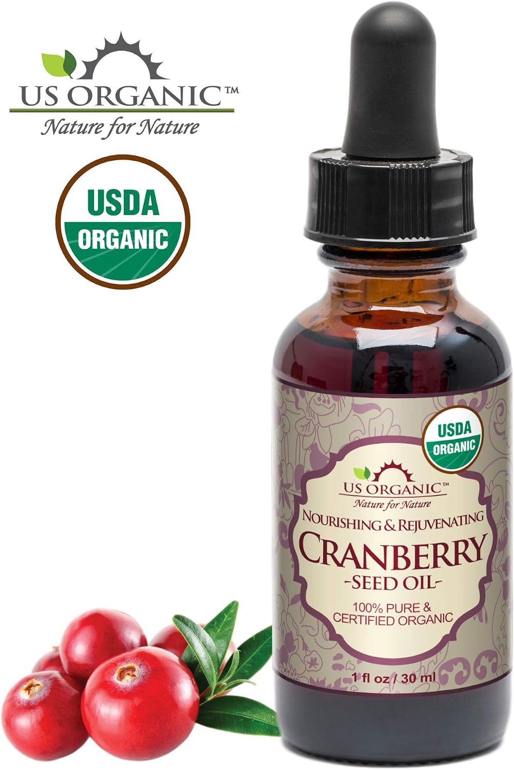 US Organic Cranberry Seed Oil, USDA Certified Organic,100% Pure & Natural, Cold Pressed Virgin, Unrefined in Amber Glass Bottle w/Glass Eyedropper for Easy Application (1 oz (30 ml)) image 3