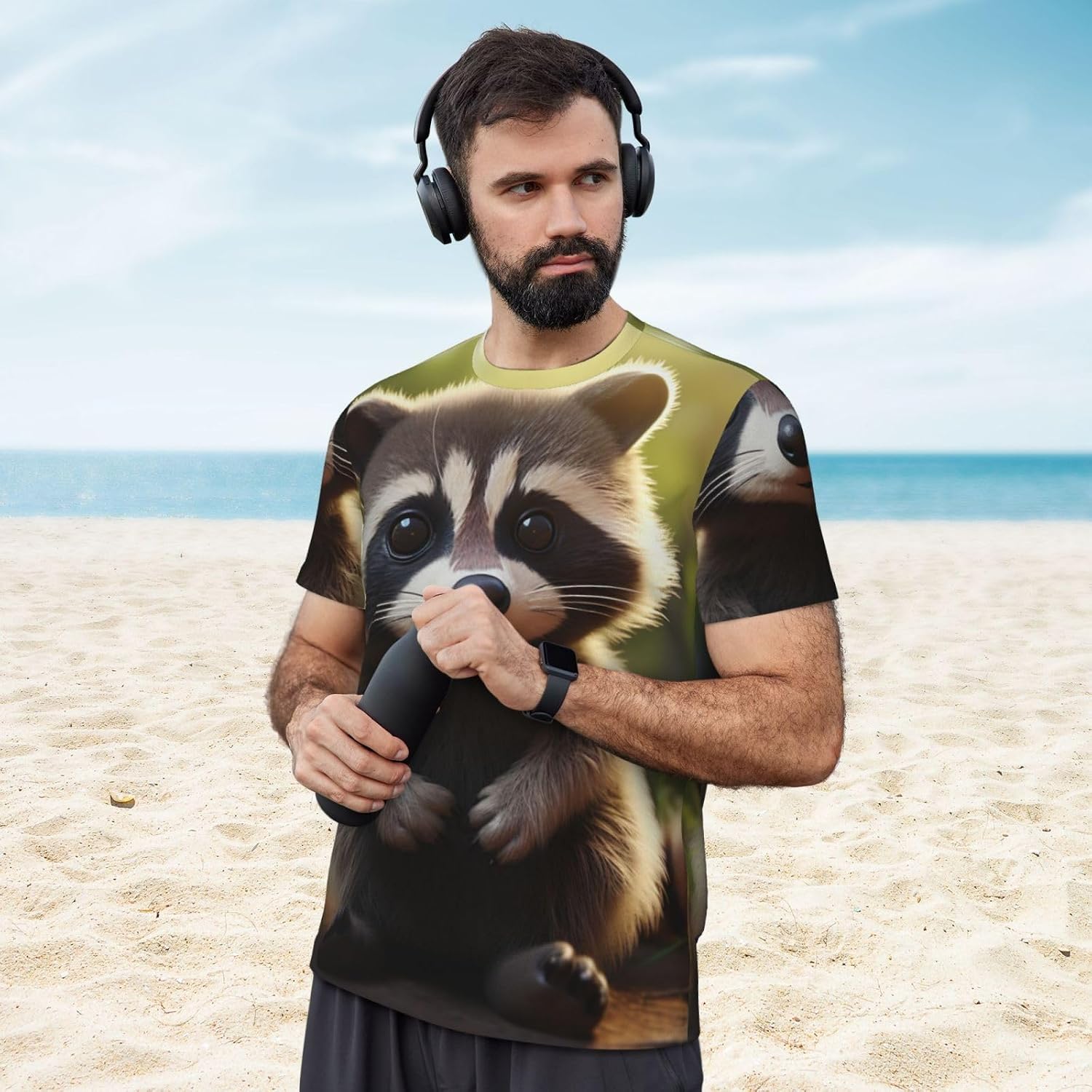 Cute Raccoon Print Mens Short Sleeve Mesh T-Shirt Breathable Athletic Gym Running Casual Sports Wear