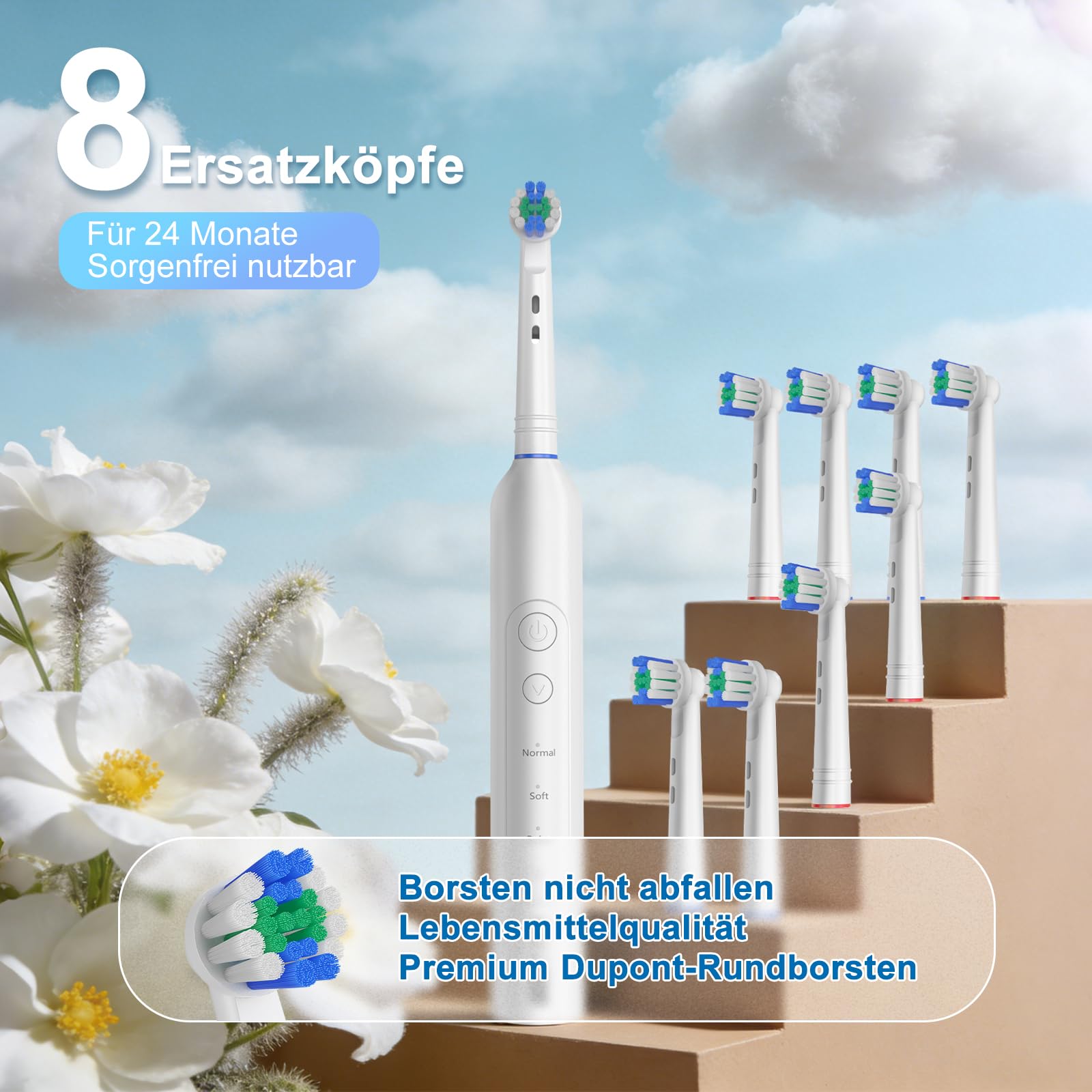 Brosse à dents électrique, rotative, pour adulte, avec 8 têtes de brosse (3 modes), puissance rechargeable et minuterie intelligente de 2 min, blanche