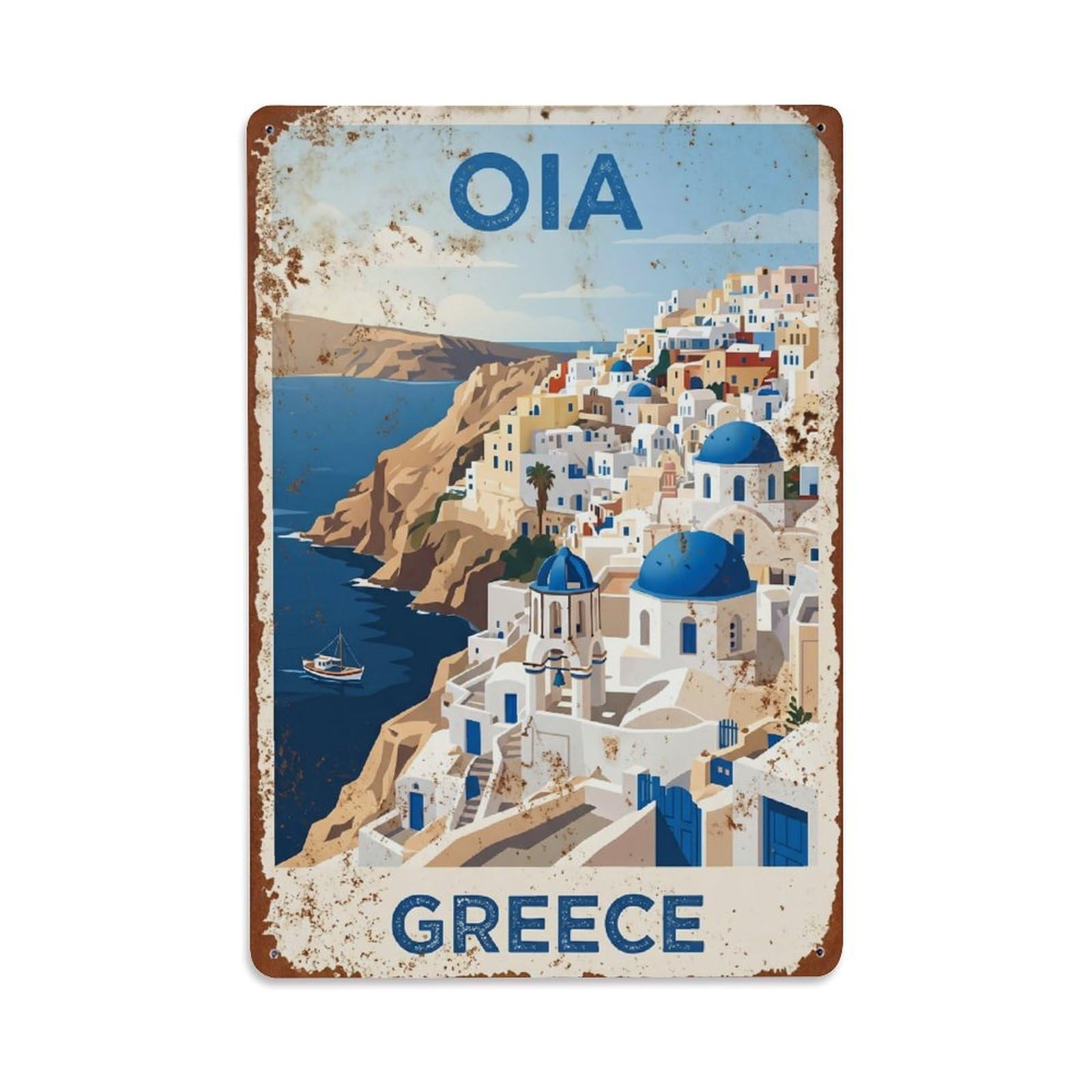 Fyrn Style Metal Tin Sign Vintage Travel Oia Greece Village