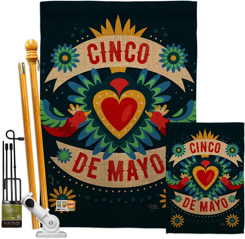 Cambaya Cinco De Mayo House Flag Dowel Set Summertime Party Cactus Pinata Sombrero Mexican Fiesta Outdoor Small Decorative Gift Yard Banner Made In USA 28 X 40