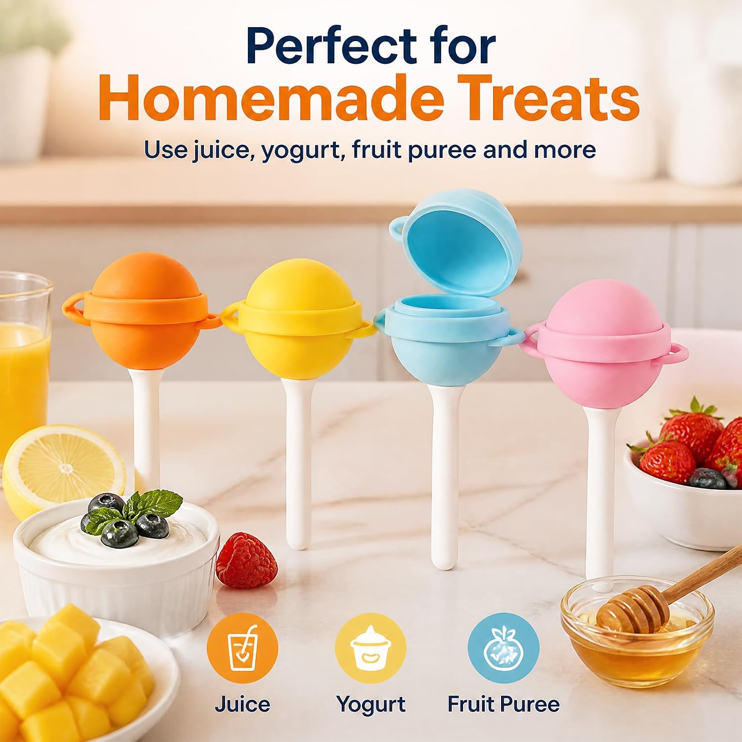 4 Pcs Silicone Lollipop Popsicle Molds, Reusable Homemade Popsicle Molds, Colorful DIY Ice Pop Maker for Summer Parties, Creative Sphere Ice Pop Mold for Home