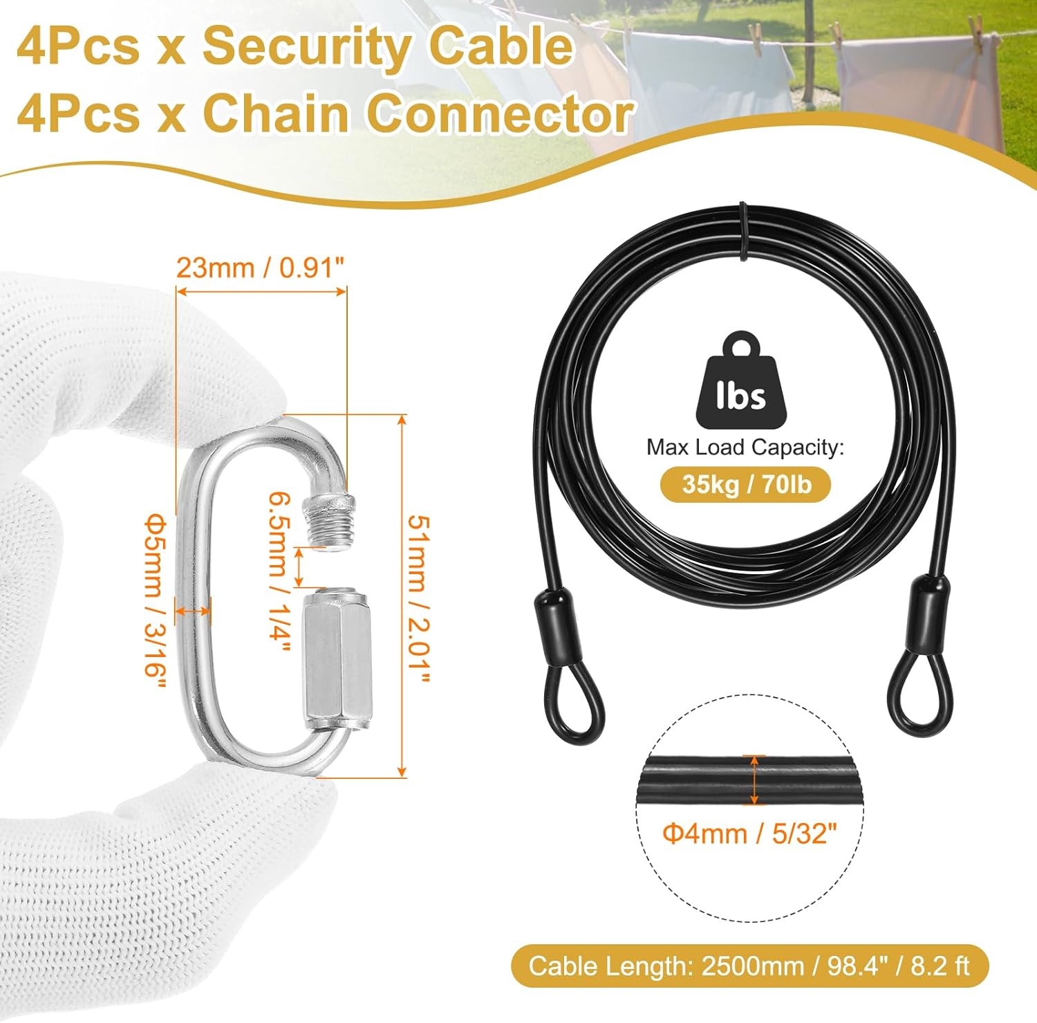 PATIKIL Security Cable Lock (5/32" Dia 8.2ft, Black)(4 Set) Vinyl Coated 304 Stainless Steel Double Loop Flexible Wire Rope Safety Cable with Quick Links Locking Connectors