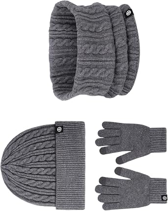 Nuytghr Hat Gloves Scarf Set Women, Knitted Winter Sets, Velvet Lined Hat and Gloves, Cozy Cold Weather Accessories, Stylish Design 8.66x3.35 inches for Girls, gray