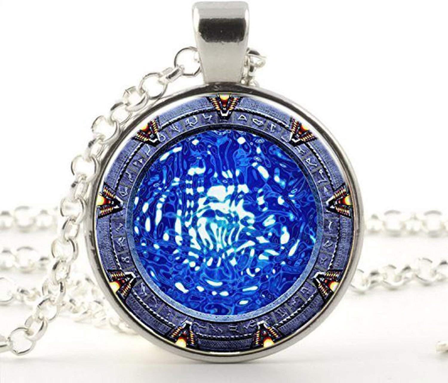 XLPING Stargate Atlantis Necklace, Glass Cabochon Pendant, Unisex Adult Gift, Blue, 25mm or 30mm, Handcrafted, Domed Finish