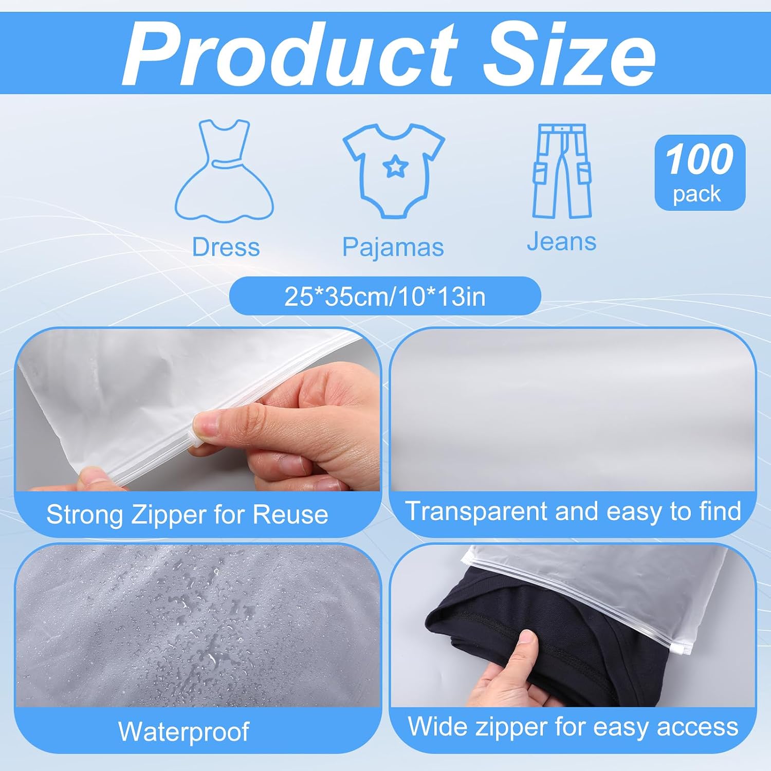 100Pcs Clothing Packaging Bags for Shipping - 10x13 In Plastic Frosted Bags for Travel Storage or Small Businesses Zipper Apparel Bag for Shirts, Socks, Underwear, Documents - with Vent Hole