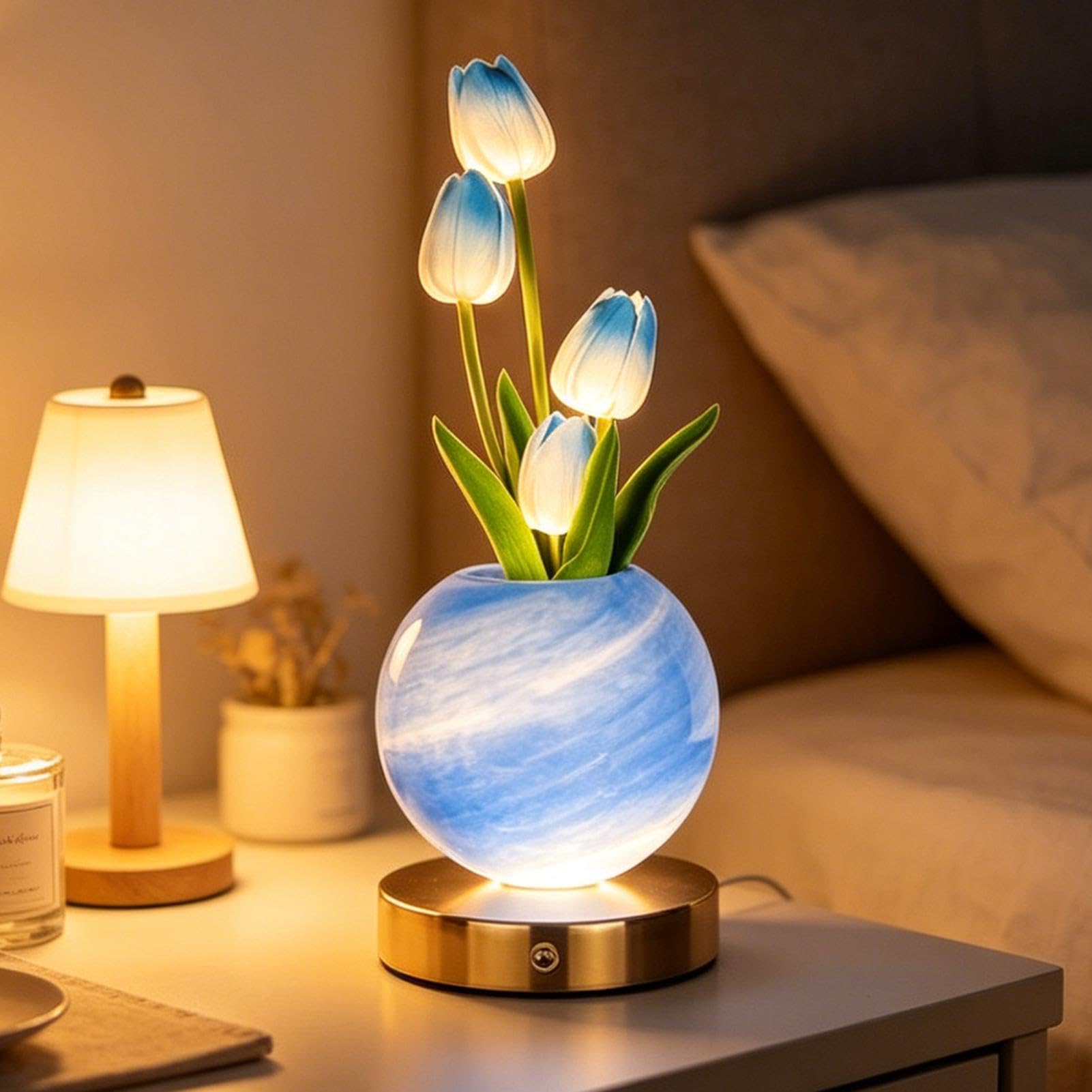 Lampa Biurkowa Kwiatowa Bezprzewodowa 3 Kolory Ściemniana Ładowalna | Podświetlane Lampki Tulipanowe Do Sypialni, Salonu, Stolika Nocnego, Komody, Toaletki, Dla Mamy I Córki Na