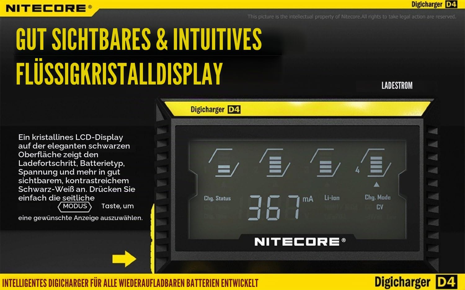 NiteCore Digicharger D4 universalladegrät für Li-Ion/IMR/LiFePO4/NiMH/Ni-Cd Akku (LCD-Display, Output Current: 4X 375mA)