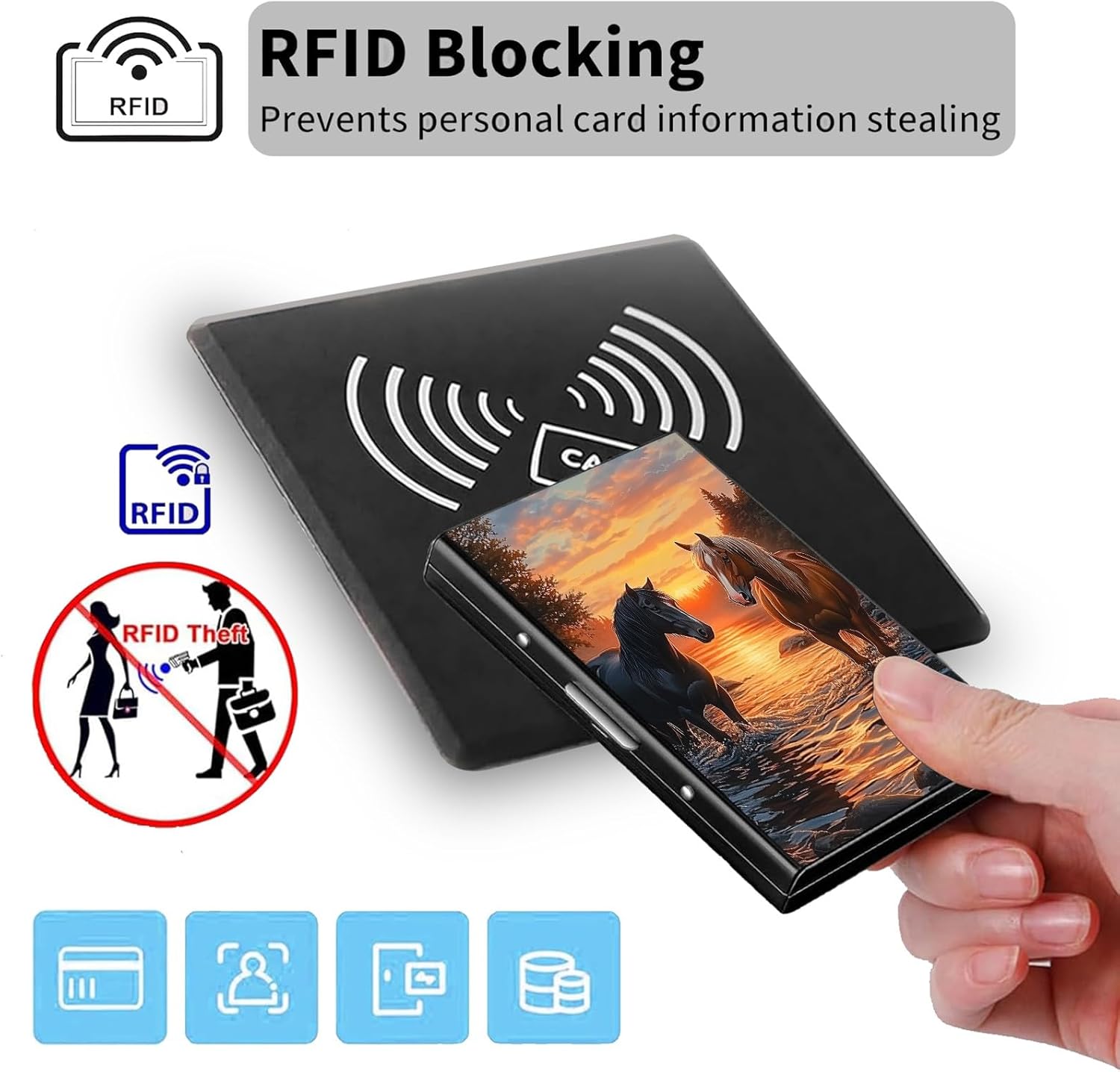 Credit Card Holder for Women Men,RFID Blocking Credit Card Holder Wallet Small Debit Card Holder Credit Card Case RFID Card Holder,Metal Business Card Holder Case,Oil Art Horse - Image 5