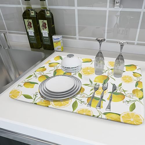 Miniatura 6 de Tapete de secado de limón para encimera de cocina, de 18 x 24 pulgadas, tapete de secado grande para platos, color amarillo limón, accesorios de