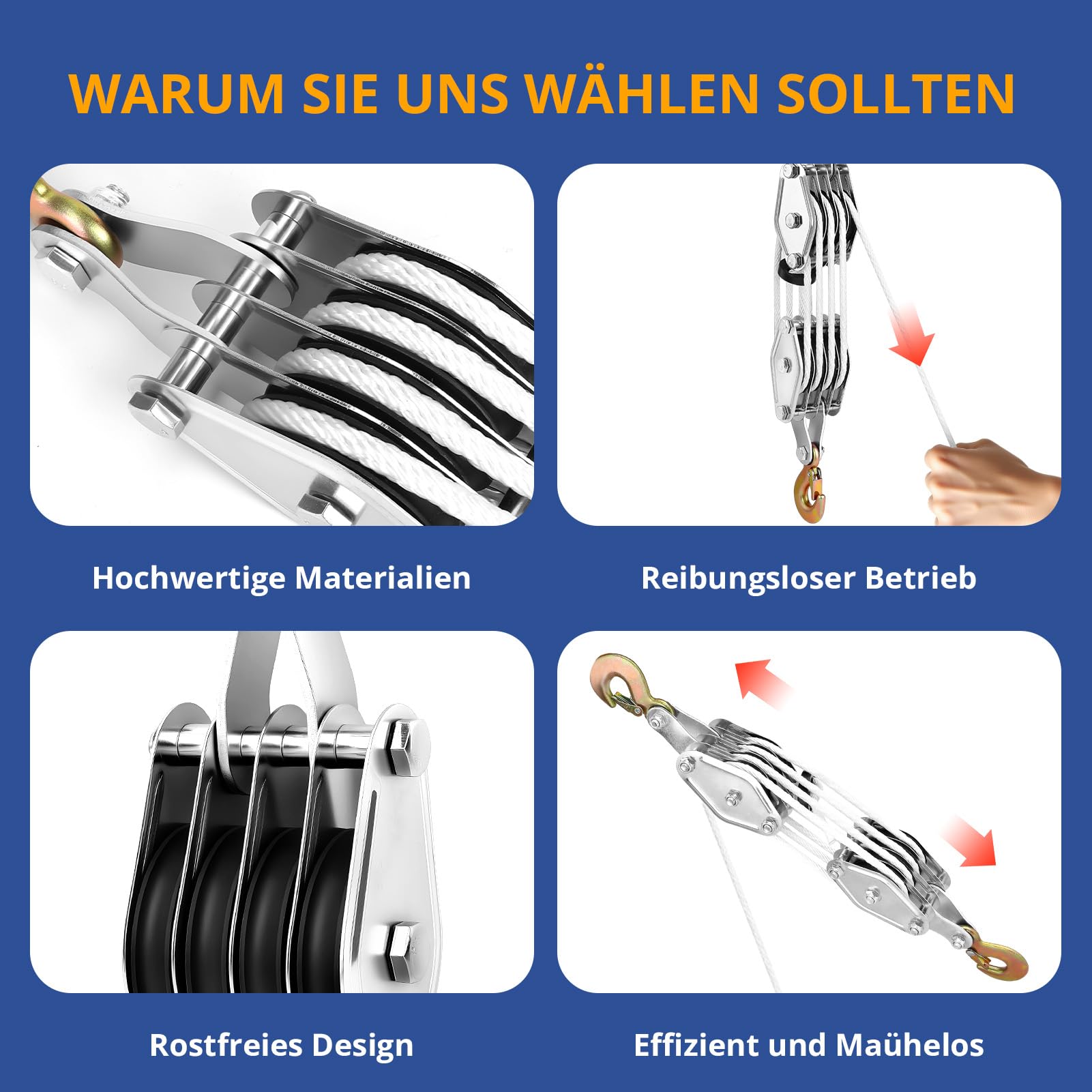 Flaschenzug Schwerlast, Flaschenzug mit Seilbremse Maximale Kapazität 4000LB Max Arbeitssparender Flaschenzug mit Haken&20m Nylon, bis 2,5 m Hubhöhe, Flaschenzug für Industrielle,Garagen, Lagerhallen