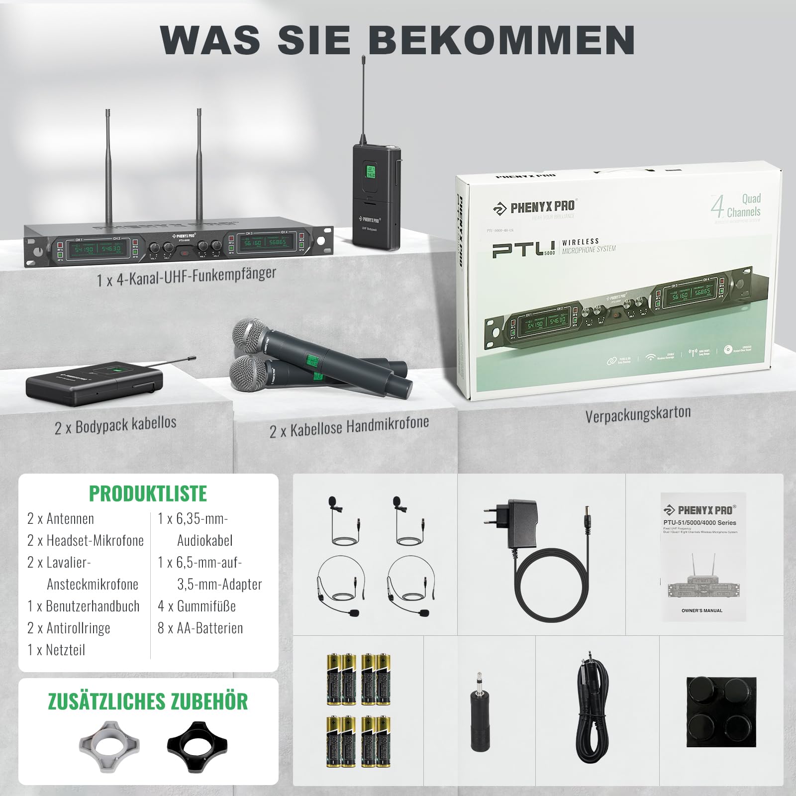 Phenyx Pro Mikrofon kabellos,4-Kanal Karaoke Mikrofon,Kabelloses Festfrequenz-Metall-Funkmikrofon mit 4 Handmikrofonen für Gesang, Kirche, DJ (PTU-5000A)