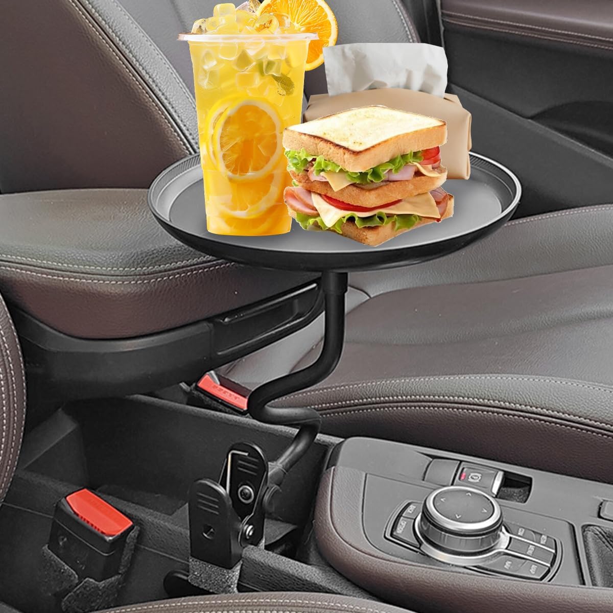 Zpana Car Adjustable Food Tray, 360° Non-Slip Swivel Vehicle Snacks & Drinks Dining Table, 8.7 Inches Diameter Automotive Clip Type Storage Tray, Universal for SUV, Truck, RV