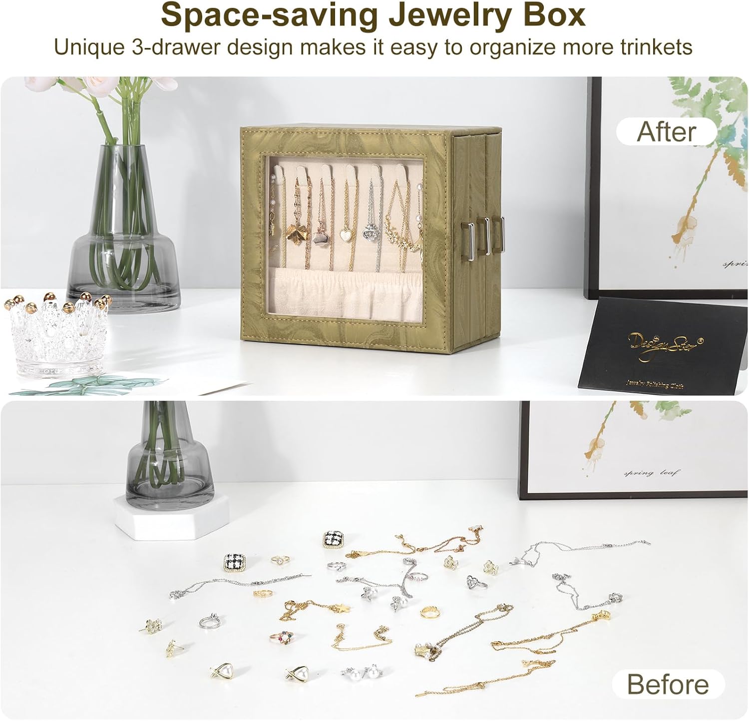 DesignSter Jewelry Box Organizer, Jewelry Box for Women, PU Jewelry Organizer Display Case with Side Drawers, Jewelry Storage for Earring Necklace Ring Bracelet Watch