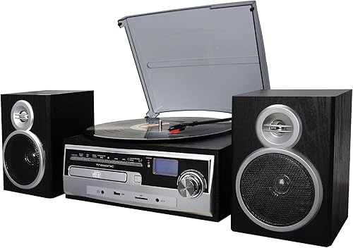Miniatura 6 de Trexonic Tocadiscos de vinilo de 3 velocidades con reproductor de CD, radio FM, Bluetooth, grabación USBSD y altavoces con estante con cable, negro