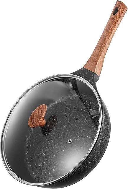 Birsppy Non Stick Frying Pan with Lid Φ28cm, Deep Saute Pan Induction, Flat-Bottomed Frying Pans Large Size for Family, Diecast Aluminium, Bakelite Handle, All Stoves Compatible (11 inches)