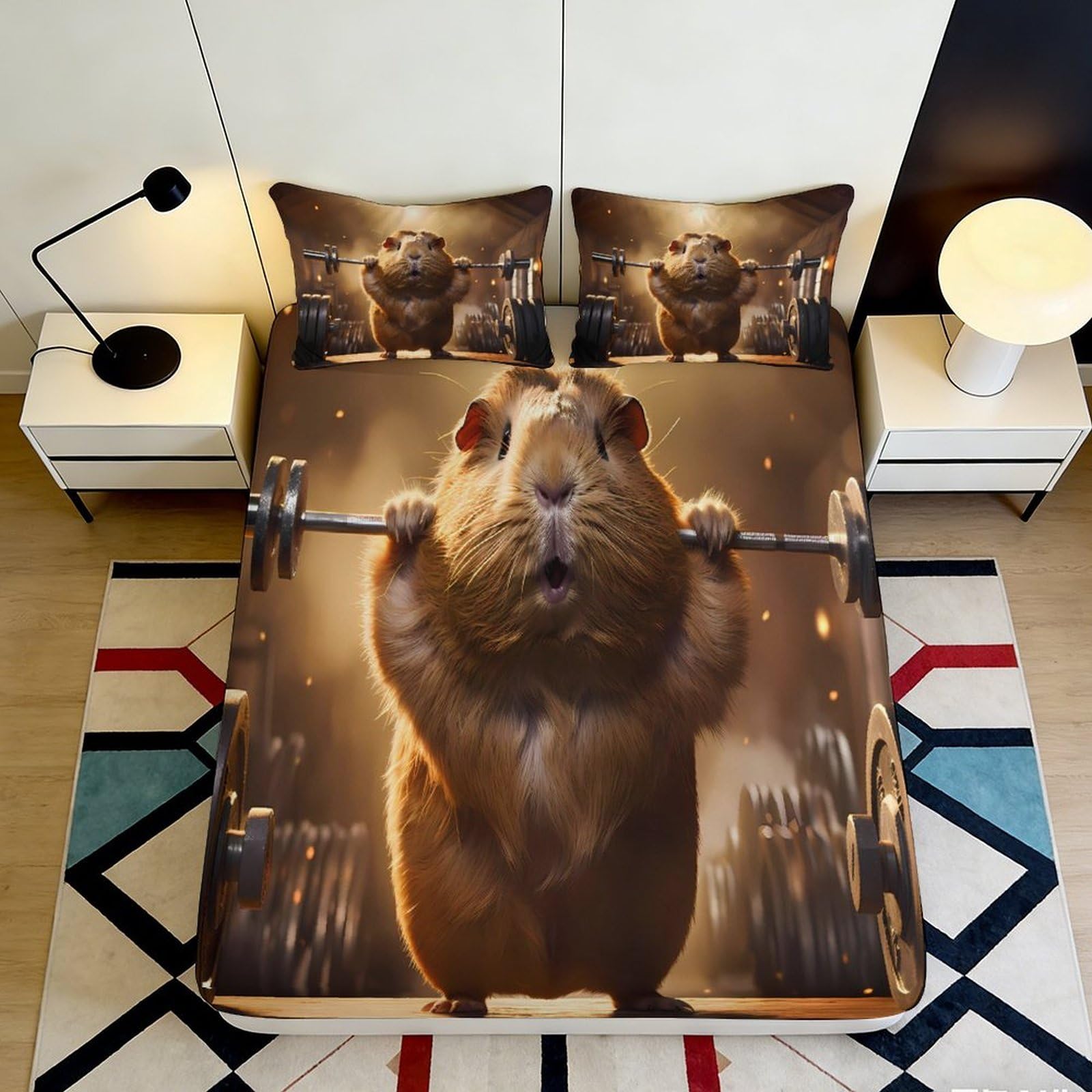 Jqzkxnhpbr Style-2 3D Printed Weightlifting Hamster Fitted Sheet Microfiber Anti-Slip Cartoon Bed Cover For Bedroom Dorm Mattress Decor, Machine Washable 90X200x25cm