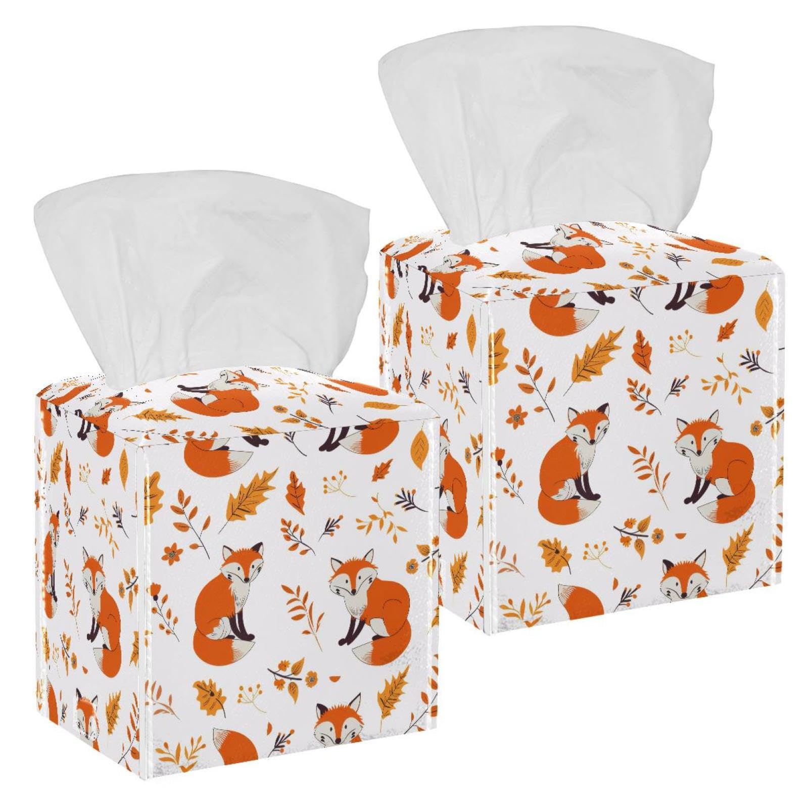 Cartoon Foxes Tissue Box Cover, 2 Pack PU Leather Square Facial Tissue Dispenser Box holder for Home Office Car