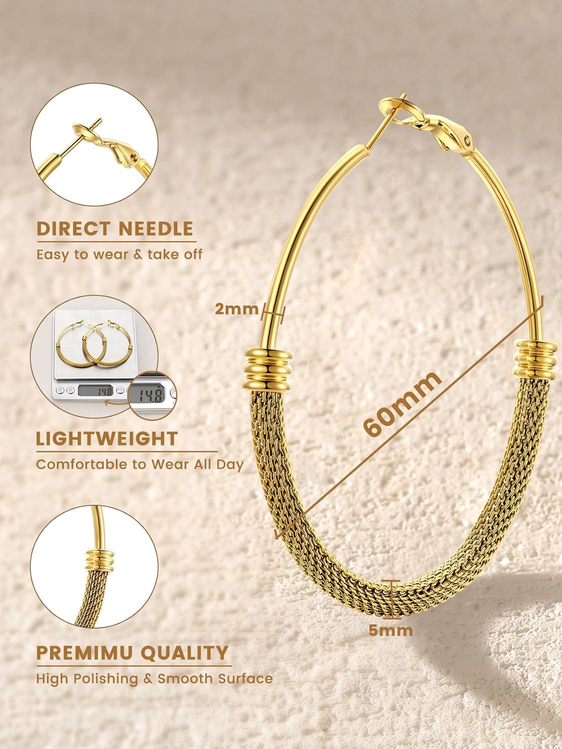 KeyStyle Mesh Hoop Earrings for Women, Stainless Steel Gold Hoops Earring Lightweight Loops, 2MM Thick Hypoallergenic Circle Endless Hollow Hoop 20mm-80mm - Image 5