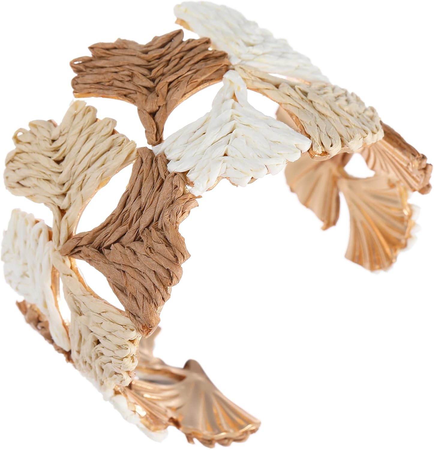 Bohemian Raffia Ginkgo Leaf Cuff Bracelet for Women Colorful Handwoven Thick Wide Open Adjustable Bangle Bracelet for Summer Beach