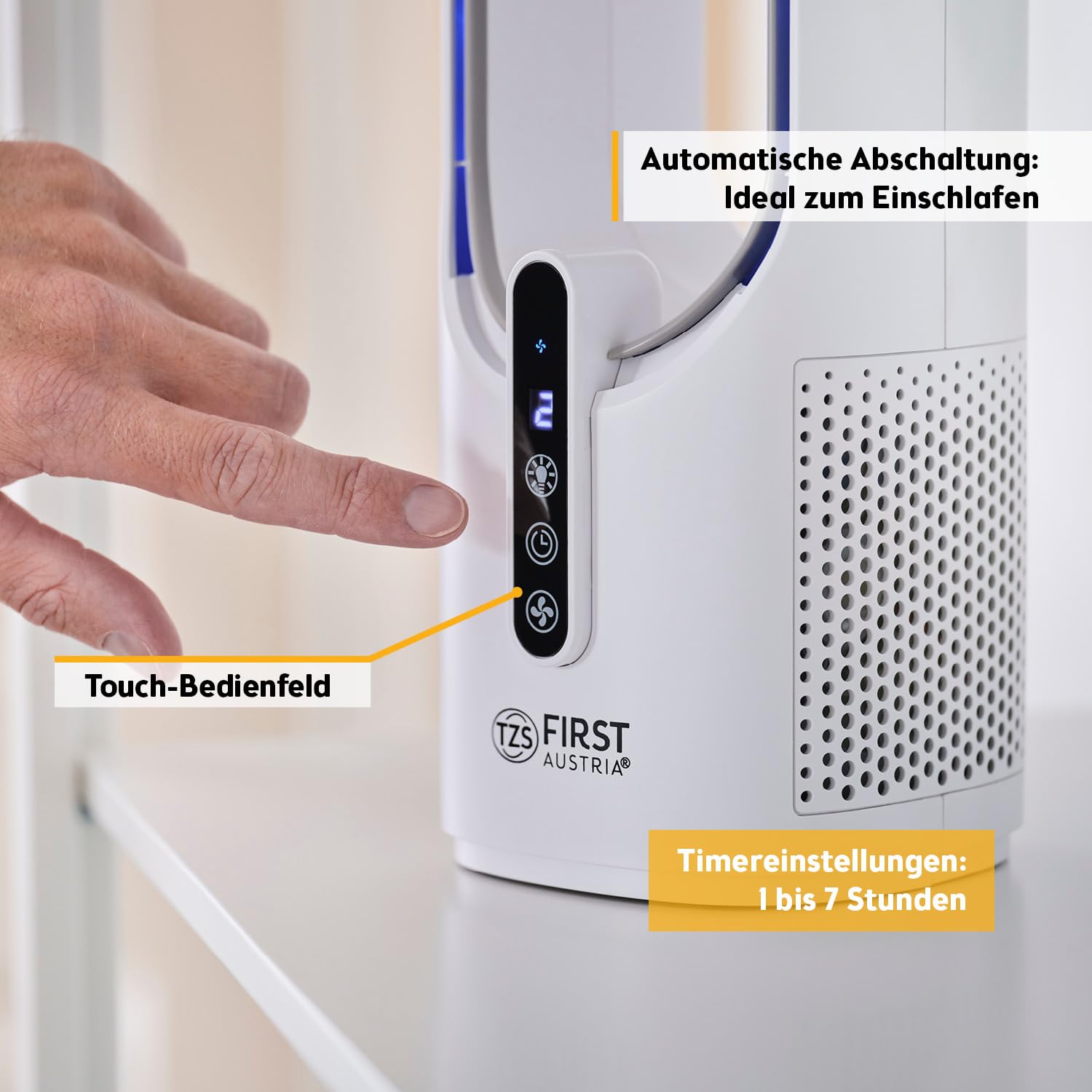 TZS First Austria - Akku Tischventilator - 5W - 3 Stufen & Timer - Leiser Turboloser Ventilator mit 7-Farben Nachtlicht & USB-C - Touch-Bedienung - Weiß