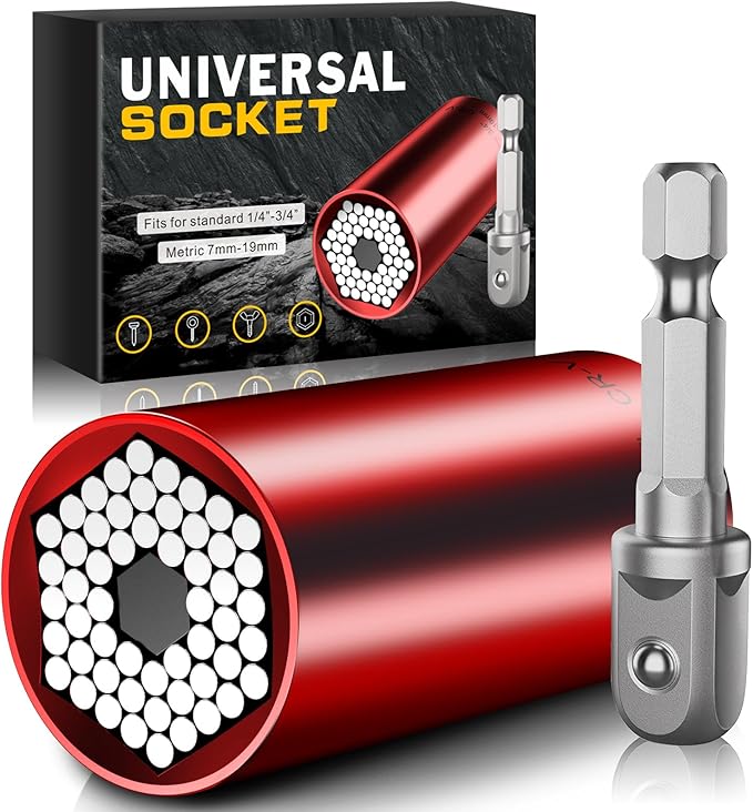 Universal Socket Tools Gifts for Men - Christmas Stocking Stuffers for Men Dad Him Husband Women Cool Stuff Ideas Gadgets Birthday Gifts for Dad Grip Socket Set with Power Drill Adapter (7-19mm) Red