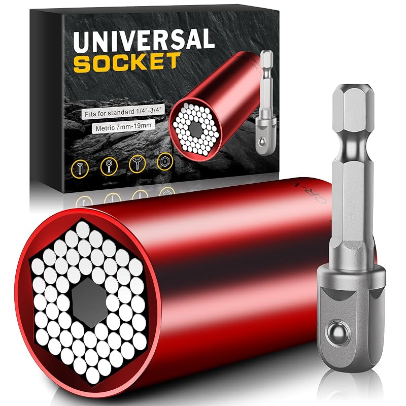 Soquete adaptador universal Wareon para furadeira e chave catraca, aço inoxidável, vermelho, 6,35 a 19,05 mm e 7 a 19 mm, 1 unidade