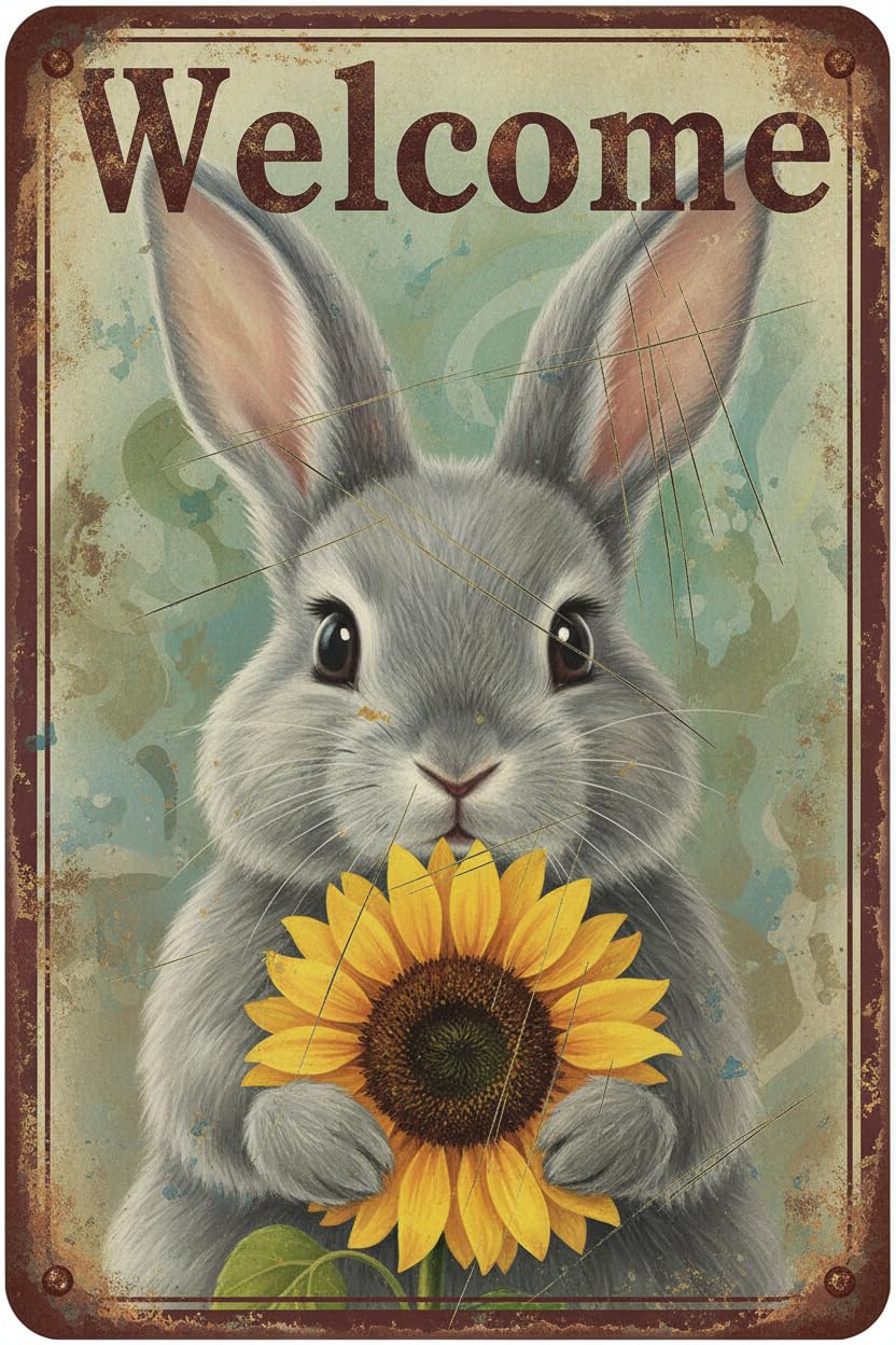 Spring Bunny Tulip Welcome Metal Tin Sign Vintage Rabbit with Flower Wall Art for Home Farmhouse Kitchen Bedroom Office Bar Cafe Living Room Decor 8x12inch