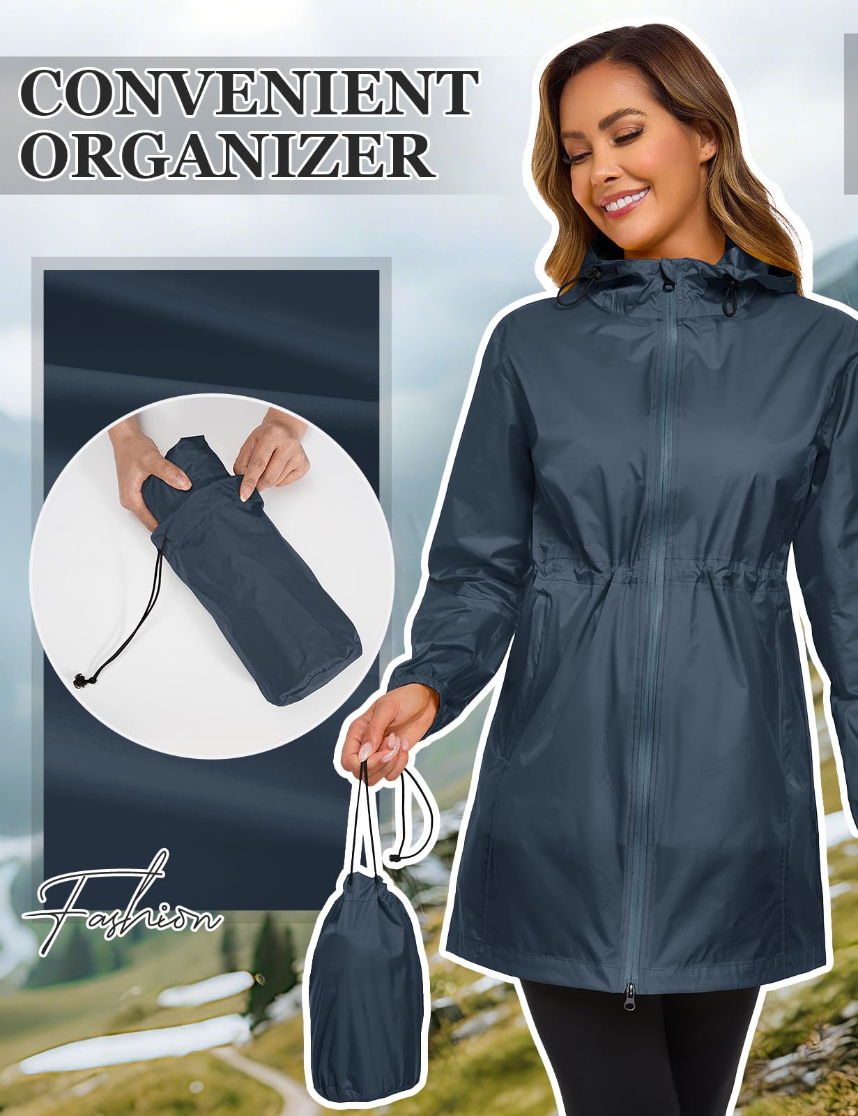CMTOP Chubasquero Mujer Plegable Impermeable Cortavientos Chaqueta de Lluvia con Capucha