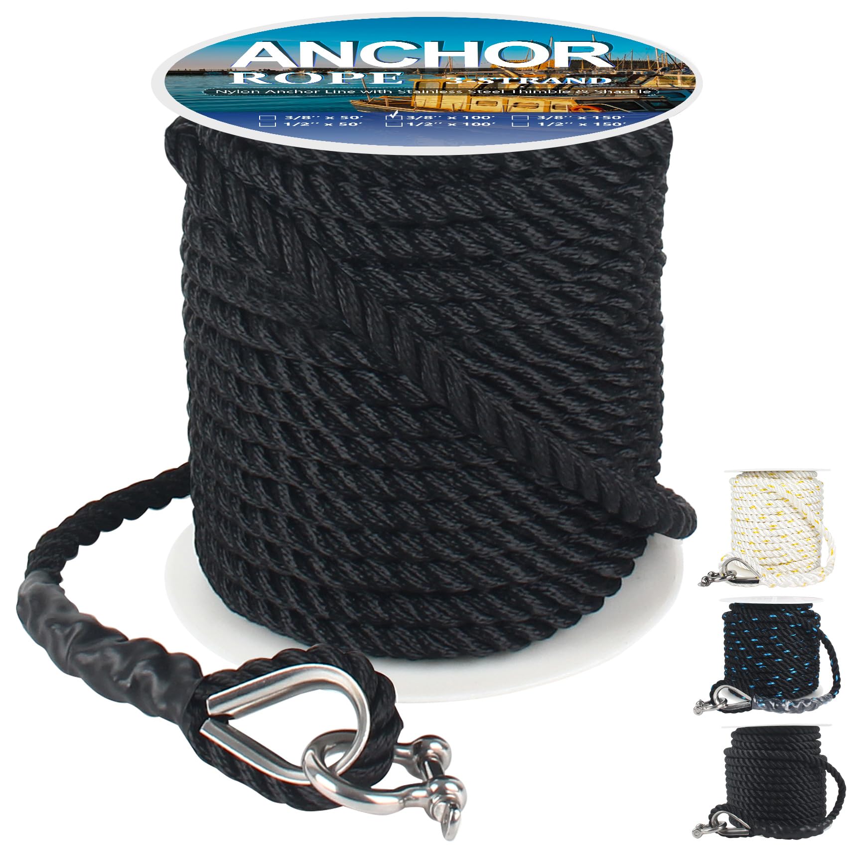 Anchor Rope 100 ft X 3/8 inch, 3-Strand Twisted Nylon Anchor Line, Boat Rope with Stainless Steel Thimble and Shackle for Boating, Anchoring, Mooring,Pulling (Black)