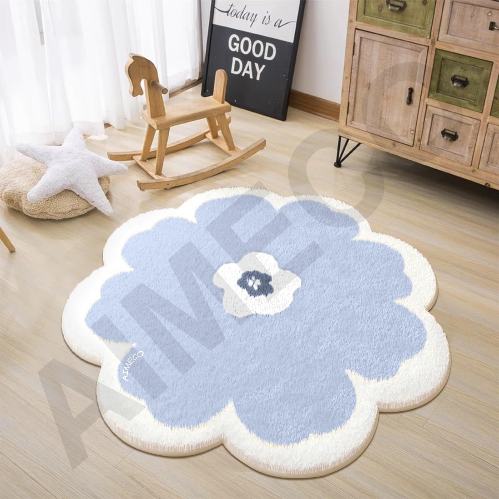 Blaue Blumen Motiv Kinderteppich Rund 200CM Weicher Kuscheliger Carpet Wohnzimmer Teppichen Mädchen Schlafzimmer Kinderzimmer Dünn Pflegeleicht Teppiche