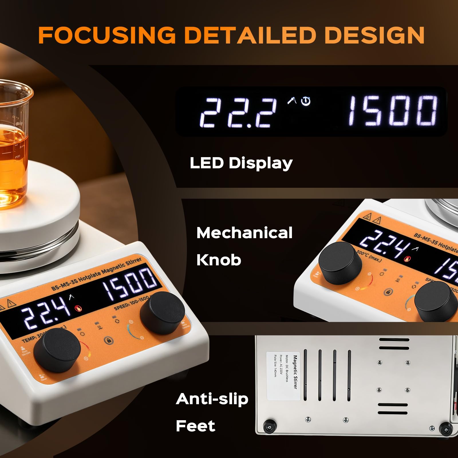Bonvoisin Agitador Magnético con Placa Calefactora, 3L, 100-1500 rpm, 320W | Placa de 140 mm, Motor Sin Escobillas, Inversión Automática, Temporizador 0-99h59, LED, Silencioso, Incluye 2 Agitadores