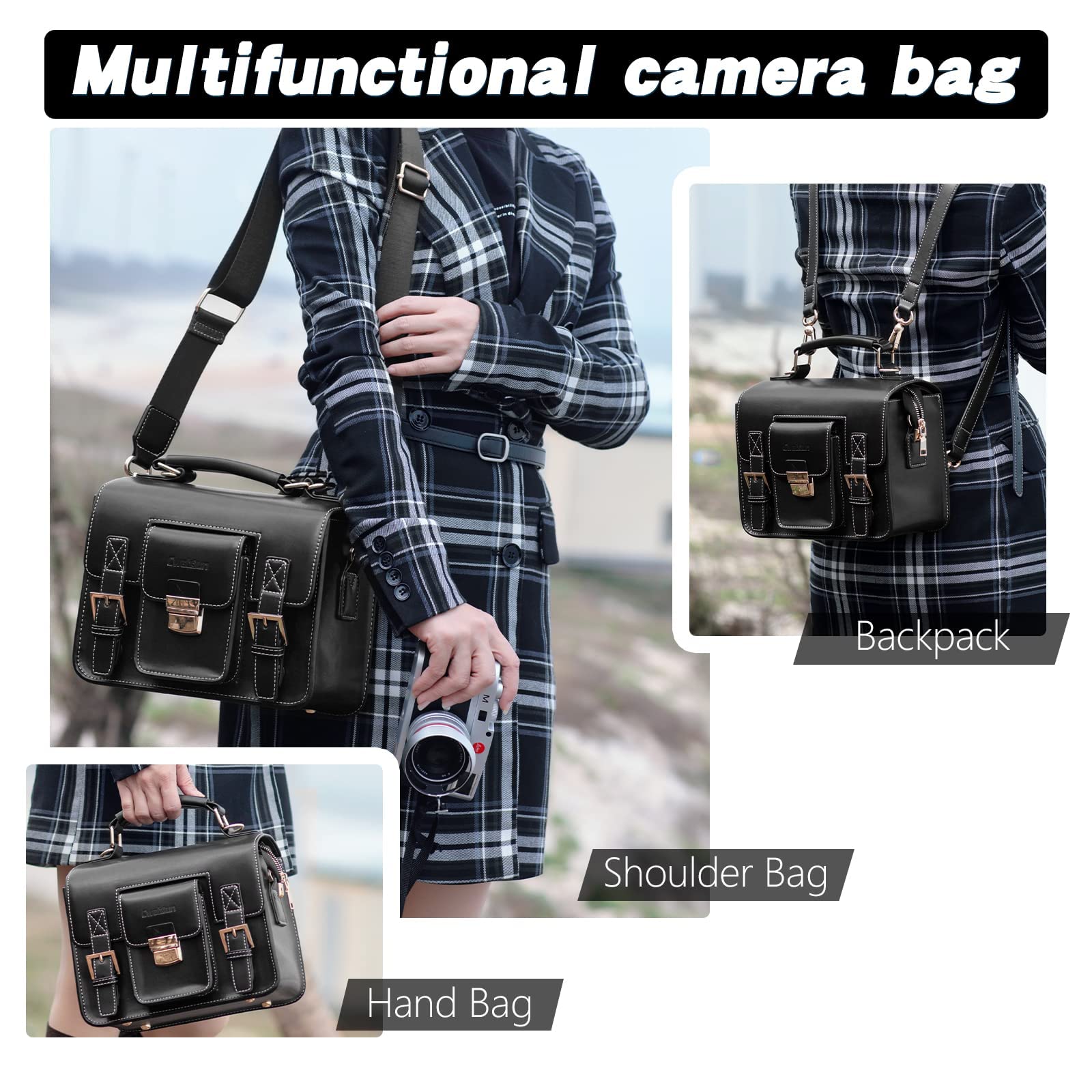 Cwatcun Bolso para cámara Bolso Bandolera para cámara Bolso para cámara Compacto Impermeable Retro Compatible para Canon Nikon Sony SLR/DSLR Cámara y Lente sin Espejo Negro, M