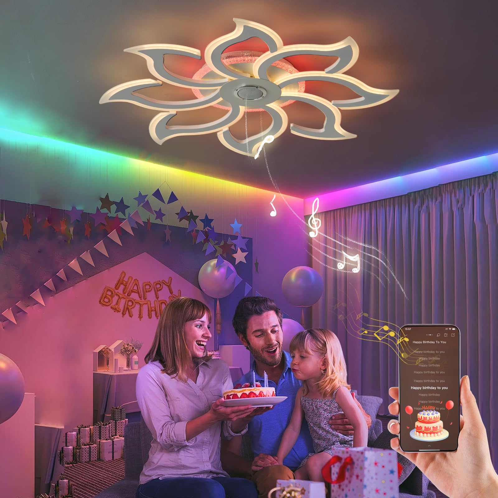 Lampadario RGB Lampadari Motivo Floreale con Altoparlante Bluetooth Telecomando APP Timer Dimmerabile Plafoniera con Luce Notturna e Funzione di Memoria per la Camera da Letto, Bianco