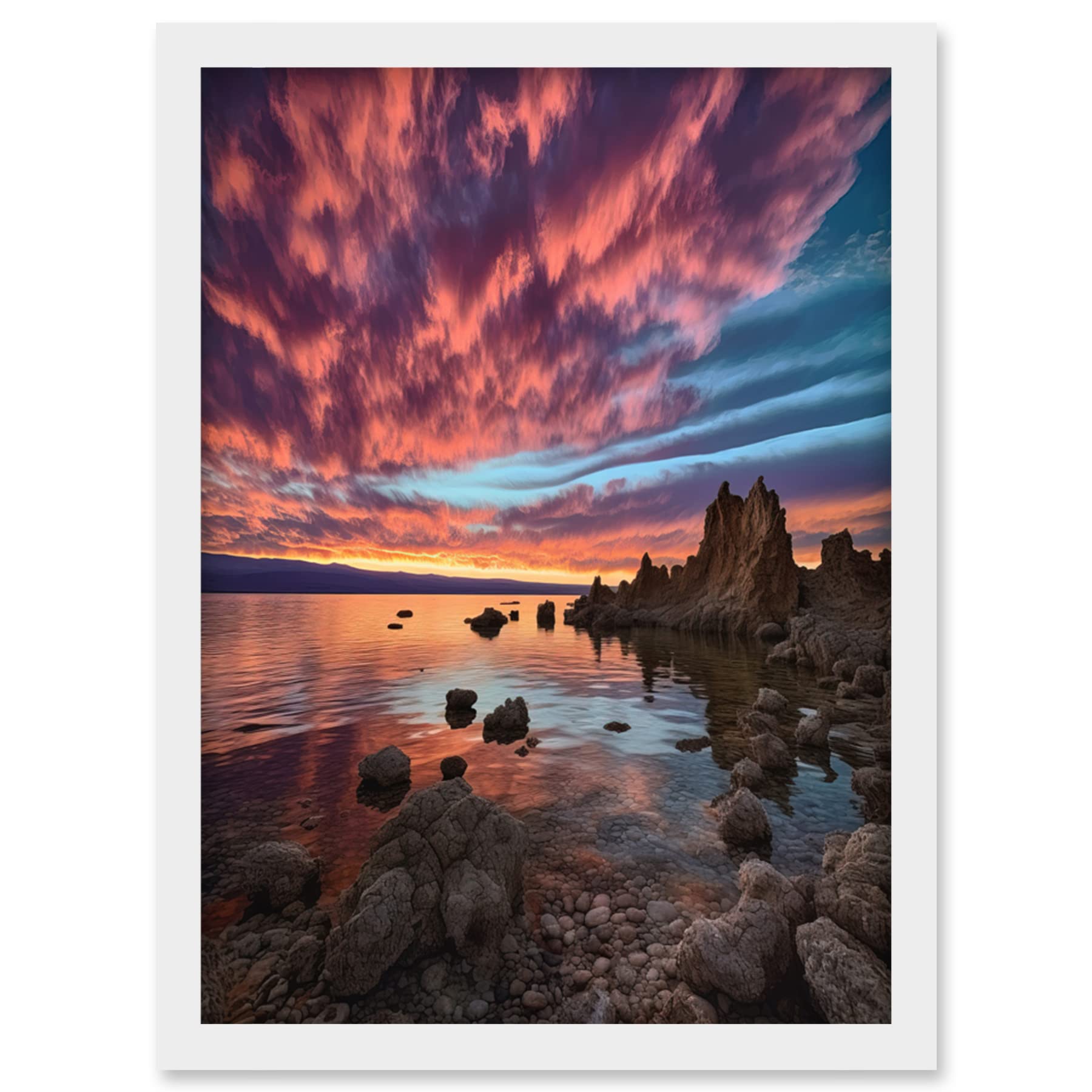 Artery8 Atmospheric Sunset Clouds Over Mono Lake Lakeside Landscape Modern Watercolour Painting Artwork Framed Wall Art Print A4