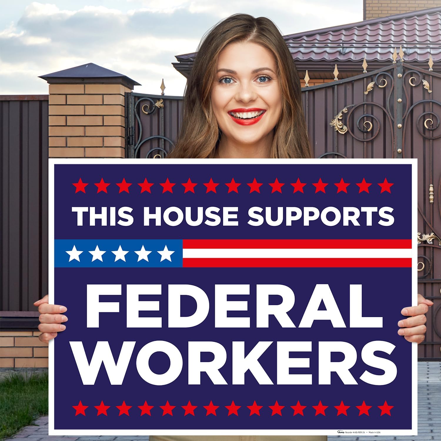 This House Support Federal Workers Blue Sign, 18x24 (3 Pack) Inches Corp Plastic Double Sided with Metal H Stake Waterproof, Outdoor Lawn Signage, Made in USA by Armo