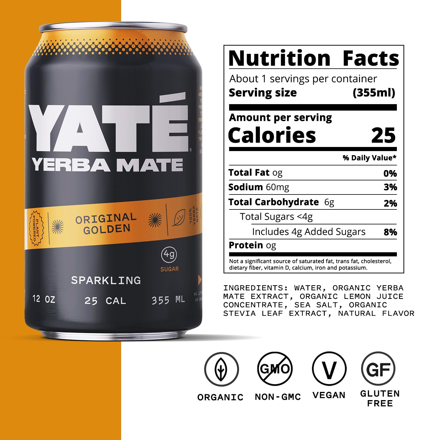 Yate Sparkling Yerba Mate - Original Golden Organic Yerba Mate Drink with Low Sugar & 25 Calories for Daily Energy - A Smooth, Healthy Energy Drink with Antioxidants & Plant-Based Ingredients- 12 Pack