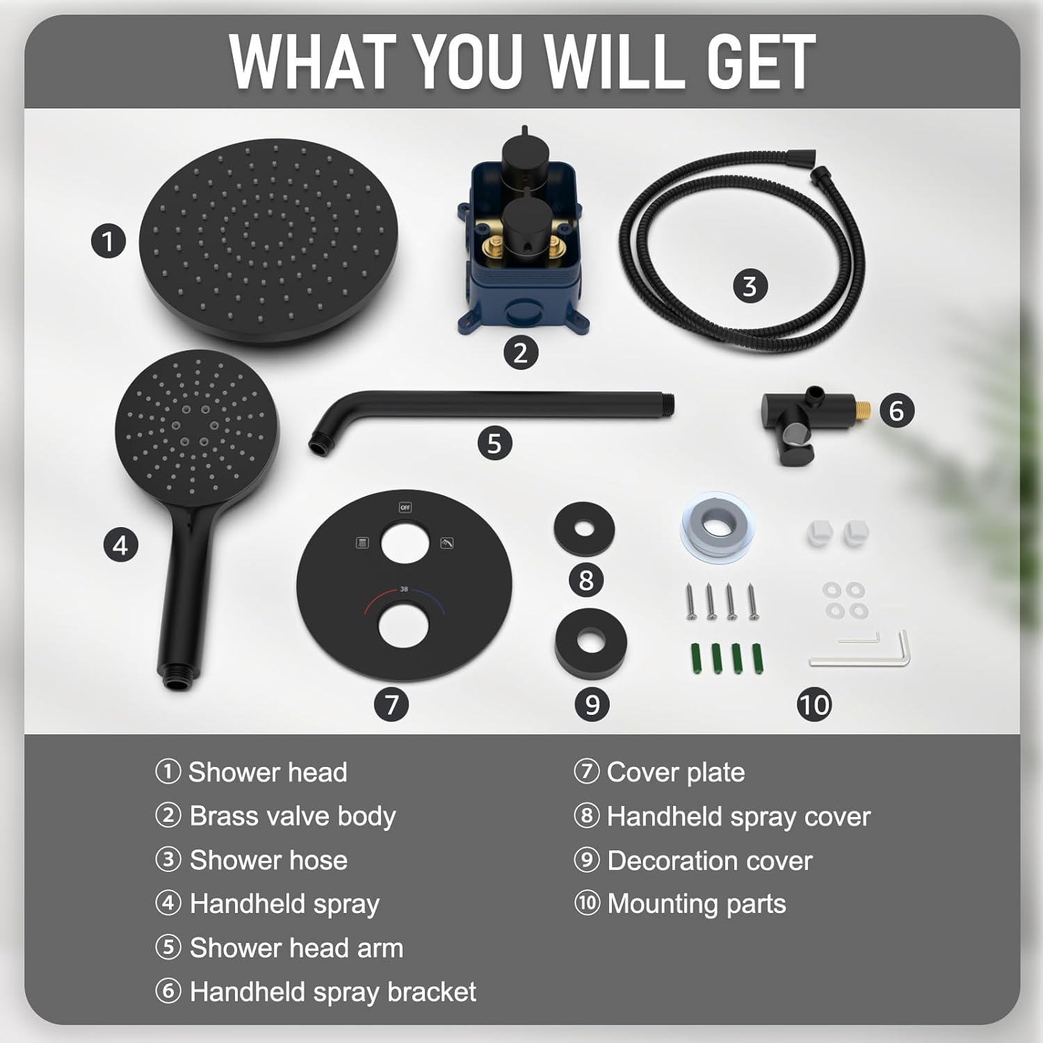 Iriber Thermostatic Shower System Wall Mount with 10 Inch Roud Rainfall Shower Head and Handheld,Shower Faucet Mixer Trim Kit (Valve Included),Matte Black