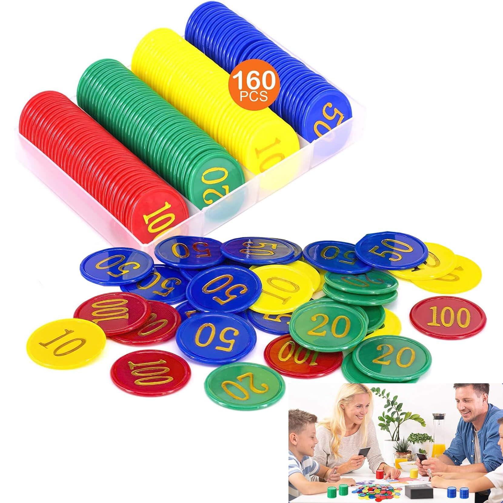 FesFun® Round Chip Set, 160pcs, Plastic Counting Chips for Math, Preschool Learning Toys, Educational Teaching Tools, Colored Number Chips with Storage Box for Crafts Decoration