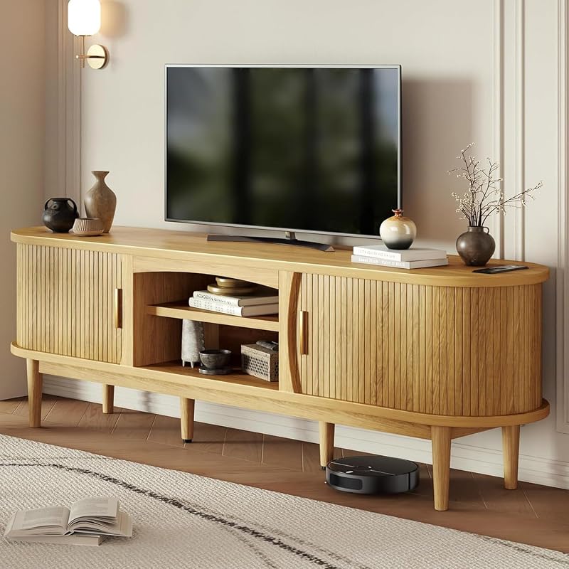 Decofy Mid Century TV Stand for TVs up to 80 Inches, Entertainment Center with Storage, Power Outlet, Fluted Sliding Doors & Adjustable Shelves, Modern Media TV Console Table for Living Room (Oak) image 7