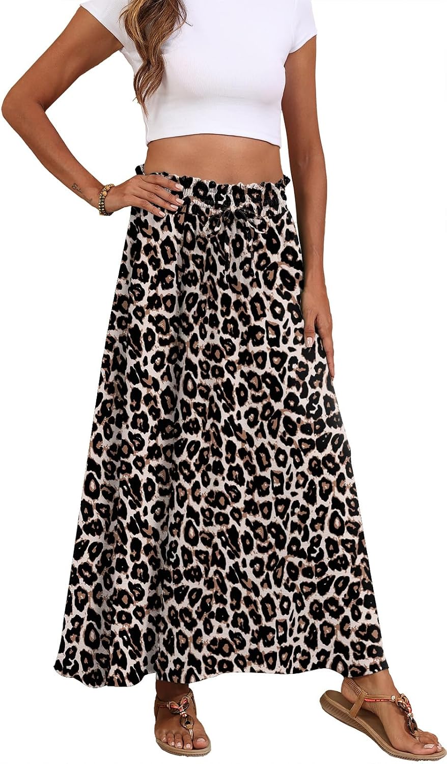 Askyes Womens Maxi Skirt Summer Tie Knot Elastic High Waisted Boho Casual Beach Flowy Swing Long Skirts with Pockets
