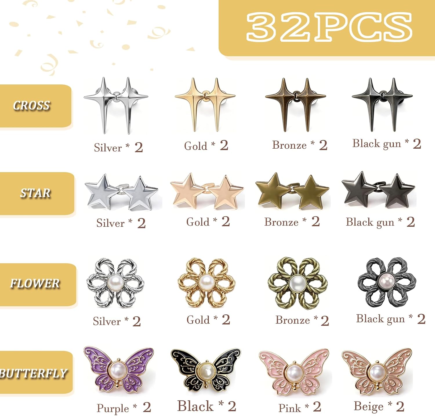 32Pcs Pant Waist Tightener for Women - No Sewing Adjustable Jean Clips, No Tools Metal Jean Buttons Pins for Loose Pants, Jeans, Trousers, Skirts | Detachable Waistband Tightener (4 Styles)