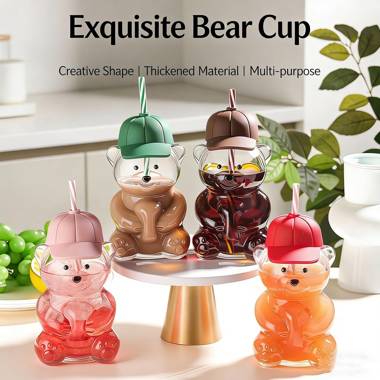 Bear Straw Cup 20oz Cute Bear Glass Tumbler Mug with Reusable Straw and Baseball Cap Lid Mugs Bear Cups Coffee Beer Wine Cocktail Drinks Glassware for Smoothies Boba Iced Coffee Milk Tea (Green)