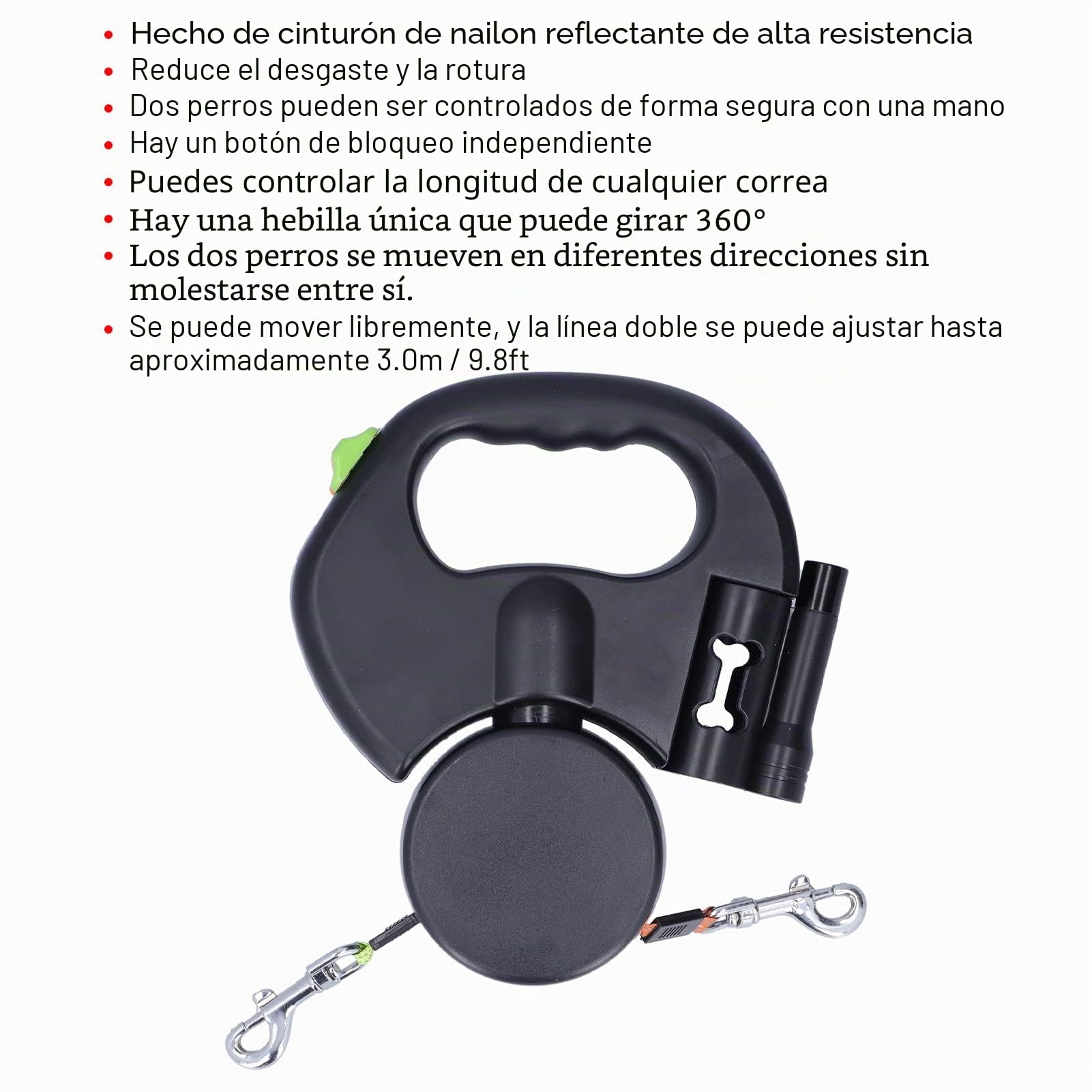 Asixxsix Correa retráctil para Perros con Linterna, Correa retráctil para Mascotas con Control de una Mano, Correa Doble para pasear Perros con dispensador de Bolsas de Basura