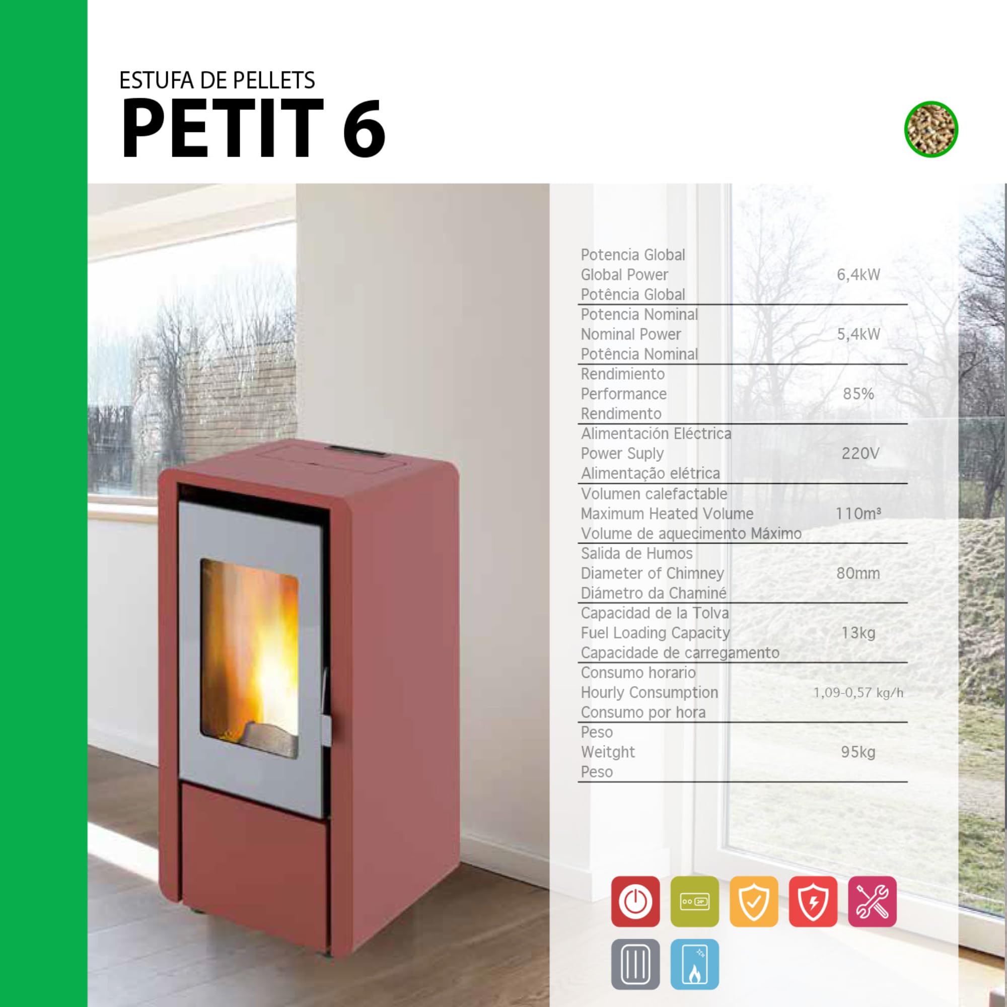 EIDER BIOMASA Stufa a pellet PETIT 6,5 kW a risparmio energetico, capacità serbatoio 13 kg, camera doppia, sistema in vetro pulito, automatico, super riscaldamento, 110 m³, colore: bordeaux