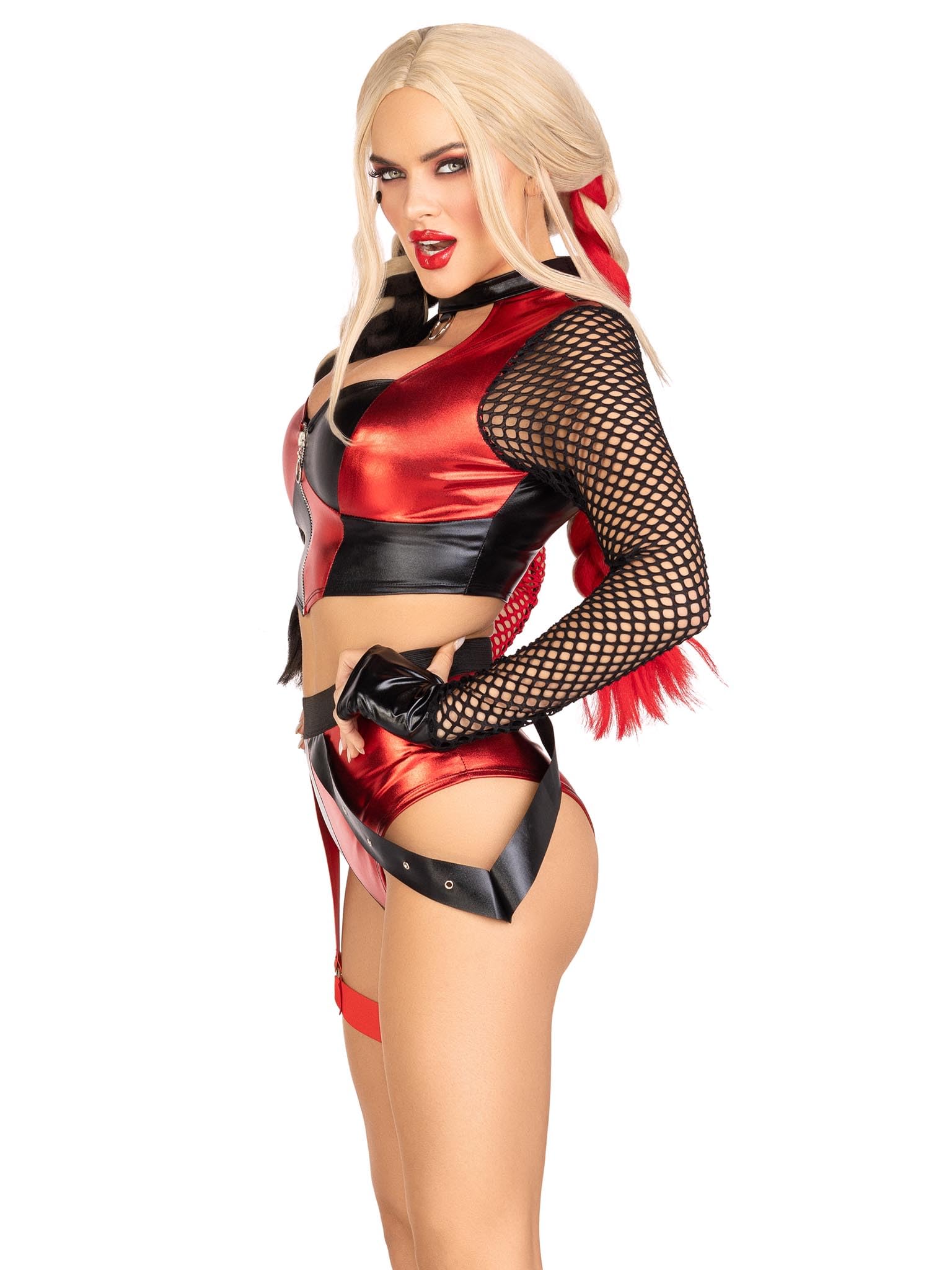 Leg Avenue 2 PC Crime Spree Sweetie, includes zip up crop top with gloved net sleeves and bottoms with attached garter